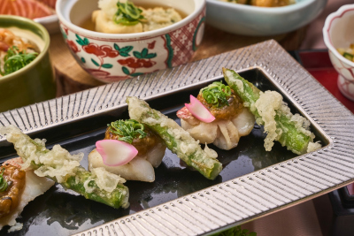 赤魚の九条ねぎ味噌焼きと春色野菜白扇揚げ